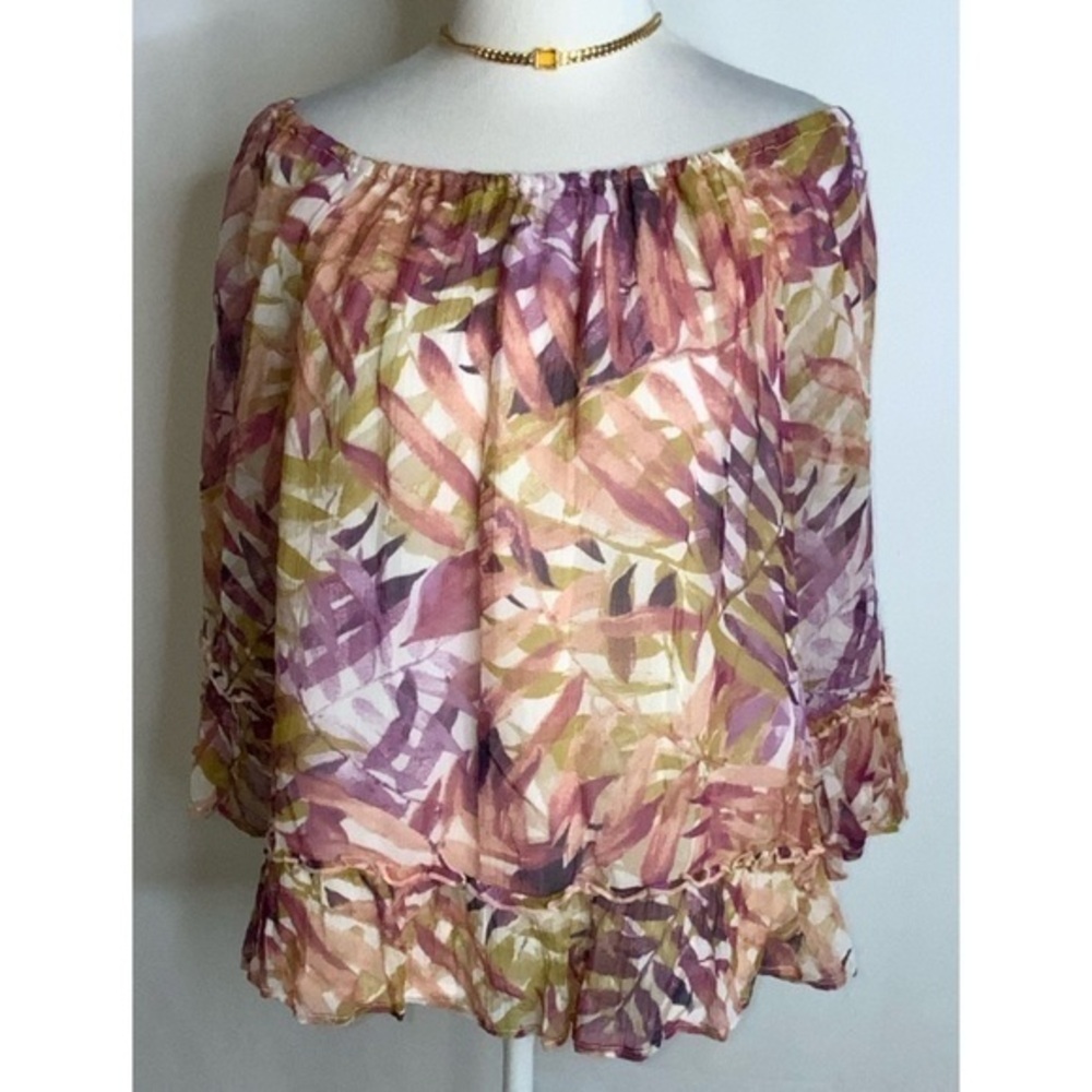 Lucky Brand Tan/Lavender Leaf Print Chiffon Off Shoulder Long Sleeve Top Large